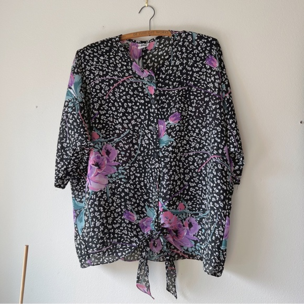 Vintage sheer shirt sleeve button up tie blouse floral 18‎